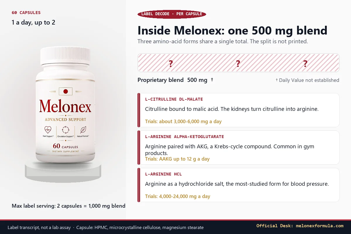 Infographic decoding the Melonex 500 mg proprietary blend into its three amino-acid forms beside the bottle on a stone plinth